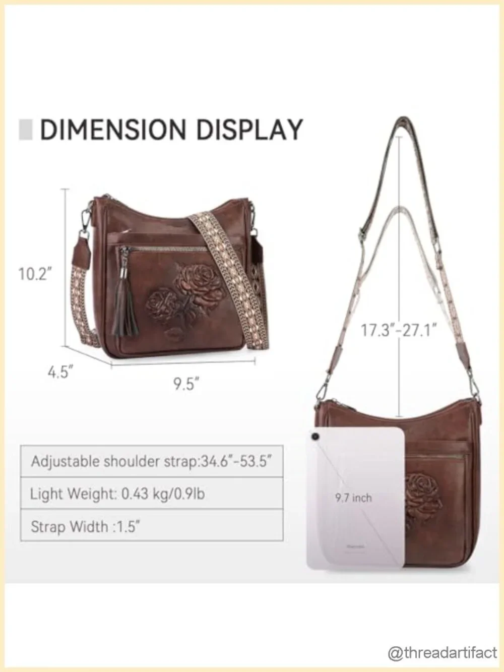Crossbody Bag Women Hobo Purse Vegan Leather Embossed Floral Lightweight